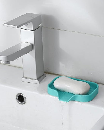 Silicone Bathroom Soap Dishes with Drain Spout-Bathroom and Kitchen Sink Organizer,Sponge Holder,Dish Soap Tray,Perfect for Dispenser,Scrubber,Bottle,Cup on Sink or Counter-Mint 4.9"×3.2"
