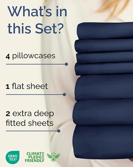 Extra Deep Split King Sheet Set - 7 Piece Breathable and Cooling Sheets - Hotel Luxury Bed Sheets Set - Easy Fit - Soft, Wrinkle Free and Comfy Sheets Set - Navy Blue Sheet Set with Extra Deep Pockets