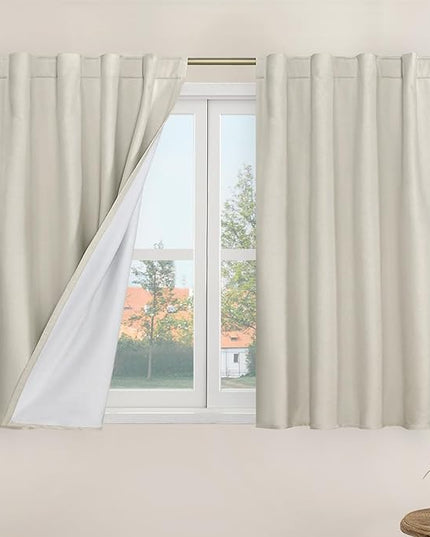 LAMIT Short Linen Curtains 40 Inches Long for Small Window, 100% Blackout Linen Textured Thermal Curtains Back Tab and Rod Pocket Panels with White Liner for Cafe, 2 Panels, 34 x 40 Inch, Stone
