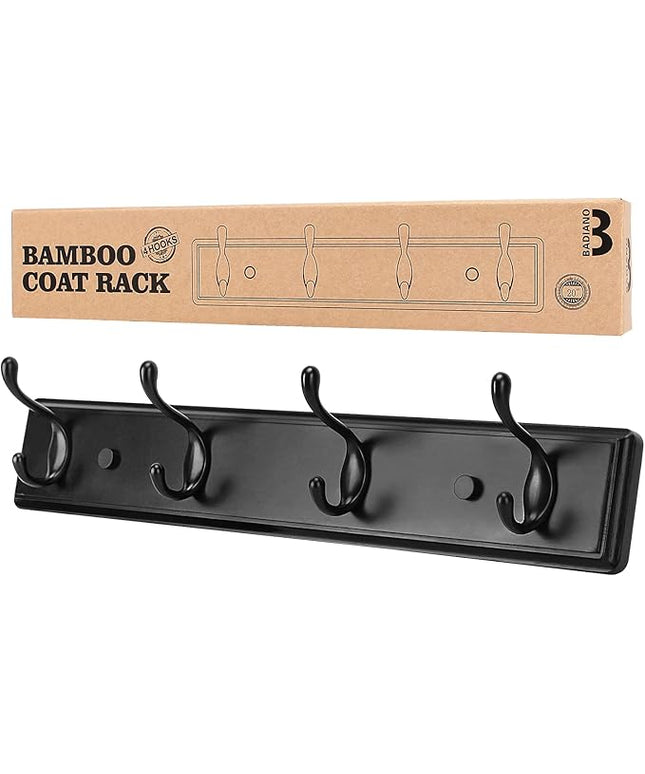 Wooden Coat Rack, Wall-Mounted Organizer for Closet, Entryway, Hallway, Foyer, Bedroom, Heavy Duty Double Hooks for Hanging Towels, Bags, Hats, Jackets, Key (Black, 4 Hooks)