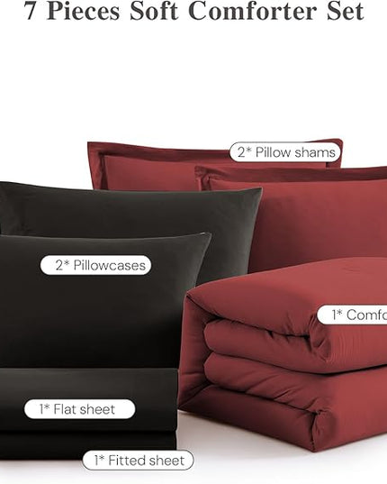 WRENSONGE Full Size Comforter Sets, 7 Pieces Bright Red Bed in a Bag with Fitted Sheet, Flat Sheet, 2 Pillow Shams, 2 Pillowcases, Warm Bedding Sets for All Season