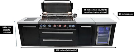 Mont Alpi MAi805-BSSFCXL 6-Burner 115000 BTU Black Stainless Steel Island Outdoor Kitchen BBQ Gas Grill + Fridge Cabinet + Granite Countertops + + Grill Cover + 25" Right Extra Storage Cabinet