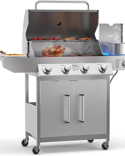4 Burner Propane Gas Grill with Side Burner, Stainless Steel Gas Grill with Built-in thermometer & Enameled Cast Iron Grates, 58,000 BTUs Output for Outdoor Cooking and Patio Backyard Barbecue