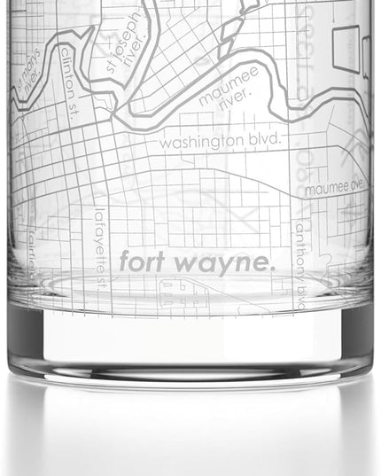 Well Told Engraved Fort Wayne Indiana Map Rocks Glass, Old Fashioned Glassware (11 oz, Clear) Etched Bourbon Tumbler, Gifts For Whiskey Lovers