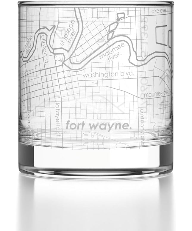 Well Told Engraved Fort Wayne Indiana Map Rocks Glass, Old Fashioned Glassware (11 oz, Clear) Etched Bourbon Tumbler, Gifts For Whiskey Lovers