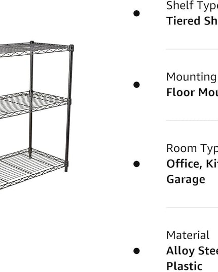 Amazon Basics 3-Shelf Adjustable Heavy Duty Steel Wire Rack Storage Shelving Organizer for Kitchen, Garage, 23.2" L x 13.4" W x 30" H, Black
