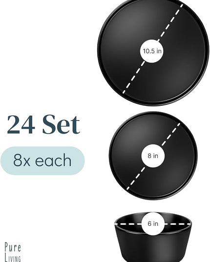 Stoneware dinnerware set 8 persons 24 pcs – Ultra chic matte black plates and bowls set – Dishwasher and microwave safe – Bowl and plate set – Dinner service Pure Living
