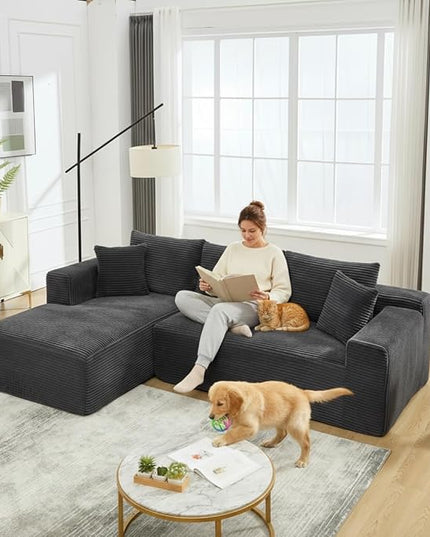 PELUMY 108.7" L-Shaped Cloud Couch with Memory Foam, Modular Sectional Sofa with Oversized Chaise, No Assembly Required Sleeper Sofa for Small Space Living Room, Apartment (Grey, Corduroy)