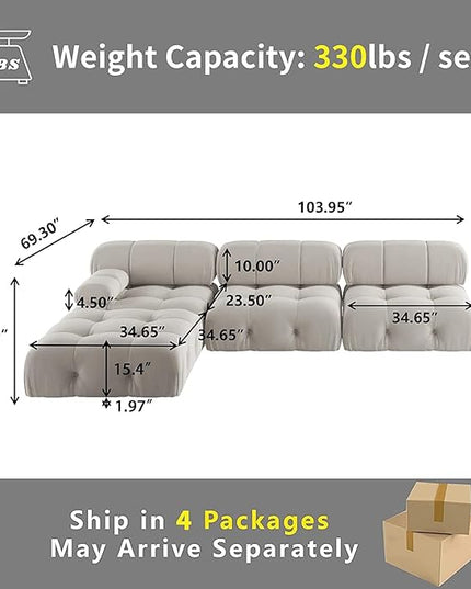 JACH L-Shaped Sectional Couch, 104'' Minimalist Velvet Floor Sofas Couches, Mid-Century Modular Sectional Sofa with Reversible Chaise Ottoman for Living Room, Apartment (3-Seat, 1 Ottoman, Beige)
