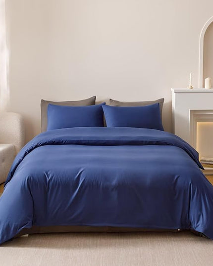 Houseri Royal Blue Comforter Set King Neutral Navy Bedding Men Women Japanese Style Solid Blue Vintage Farmhouse Bed Sets King Size