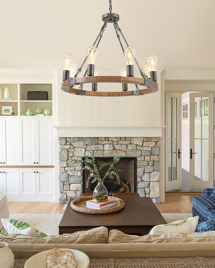 Farmhouse Wooden Wagon Wheel Chandelier 8 Lights 23.8'' Vintage Wood Round Chandelier Rustic Black Pendant Light Fixtures for Living Dining Room Kitchen Entryway Foyer