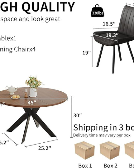 Walnut Round Dining Table Set for 4, Mid-Century Modern Kitchen Table and Chairs, Small Space Dining Room Furniture for Apartment, Breakfast Nook or Studio (Boxwood-1 Table + 4 Black Chairs)
