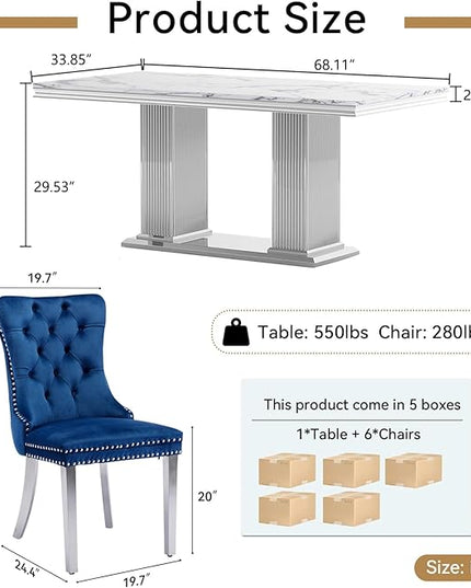 HomVent 68.11'' Dining Table Set for 6, Modern Rectangle Table with Faux Marble Top & Stainless Steel Base (Silver with 6 Blue Chairs, 7 Pieces)