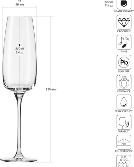 Krosno Modern Champagne Glasses, Set of 4, 7.4 Oz, Premium Crystalline Glass, Lead-free,Durable,Scratch-resistant, Ideal for Prosecco, Mimosas, Sparkling Wine, Scratch-resistant, Made in Europe