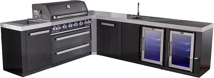 Mont Alpi MAi805-BSS90BEVFCXL 6-Burner 94"x113" L-shaped Premium Black Stainless Steel Outdoor Kitchen Island BBQ Gas Grill + Beverage Center Sink & Faucet + Fridge + Granite Countertops + Rotisserie