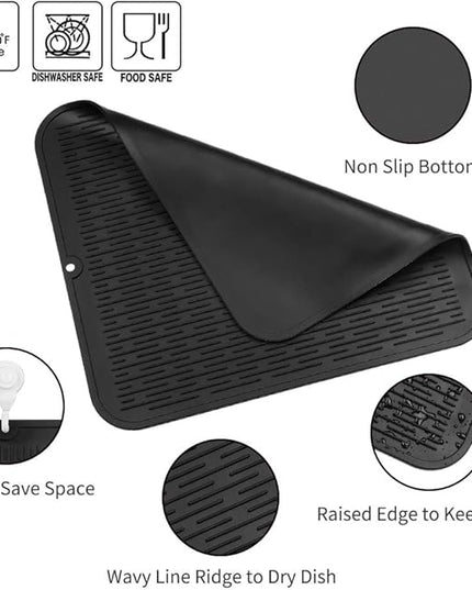 Silicone Dish Drying Mat for Multiple Usage,Easy clean,Eco-friendly,Heat-resistant Silicone Mat for Kitchen Counter or Sink,Refrigerator or Drawer Liner Black XL 18 inches x 16 inches
