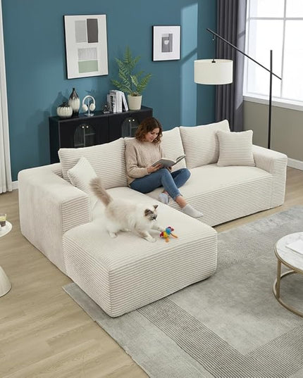 PELUMY 108.7" L-Shaped Modular Sectional Sofa with Oversized Chaise, Cloud Couch with Memory Foam, No Assembly Required Sleeper Sofa for Small Space Living Room, Apartment (Beige, Corduroy)