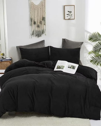 CLOTHKNOW Black Velvet Twin/Twin XL Comforter Set 3Pcs Black Bedding Comforter Sets Fluffy Soft Cozy Black Comforter with 2 x Pillowcases