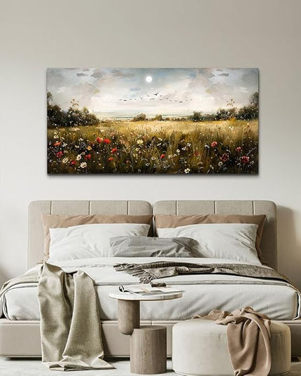 Wapluam Wall Decor For Living Room Canvas Wall Art For Bedroom Wildflower Field Vintage Wall Art Canvas Prints Paintings Farmhouse Artworks Pictures Modern Bathroom Aesthetic Home Wall Decor 40"X20"