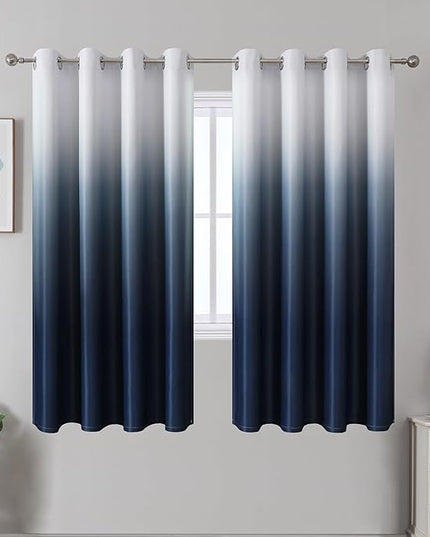 Estelar Textiler Navy Blue and Greyish White Blackout Ombre Curtains for Bedroom 63 Inches Long, Gradient Light Blocking Thermal Insulated Grommet Drapes for Living Room,52Wx63L,2 Panels