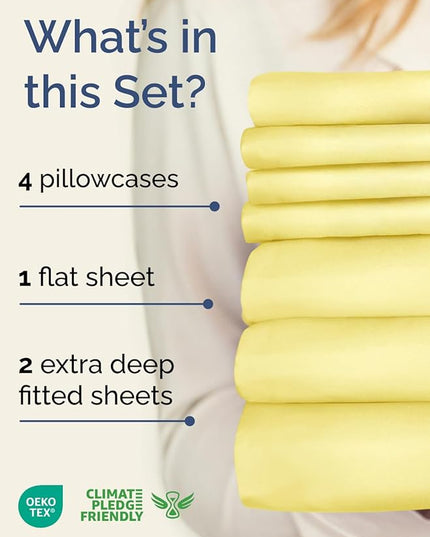 Extra Deep Split King Sheet Set - 7 Piece Breathable and Cooling Sheets - Hotel Luxury Bed Sheets Set - Easy Fit - Soft, Wrinkle Free and Comfy Sheets Set - Yellow Sheet Set with Extra Deep Pockets