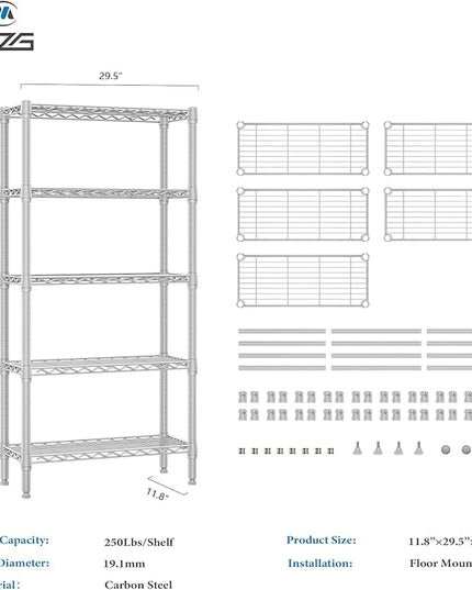 1250 lbs 5 Tier Shelf Metal Storage Shelves Wire Rack Closet Organizers for Garage Kitchen Bathroom Laundry White 11.8" D x 29.5" W x 59.5" H