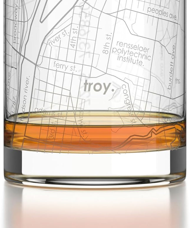 Well Told Engraved Troy New York Map Rocks Glass, Old Fashioned Glassware (11 oz, Clear) Etched Bourbon Tumbler, Gifts For Whiskey Lovers