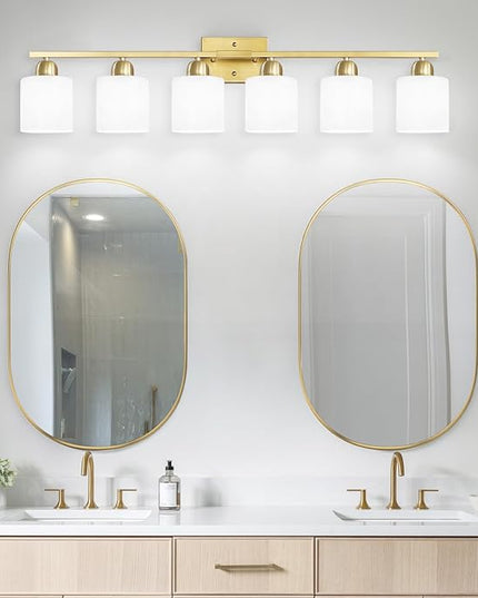 6 Light Gold Bathroom Vanity Light for Large Mirror, Gold Vanity Lights for Bathroom with Milky White Frosted Glass Shades, 38 inch Wall Lamp for Mirrors Living Room E26 Base