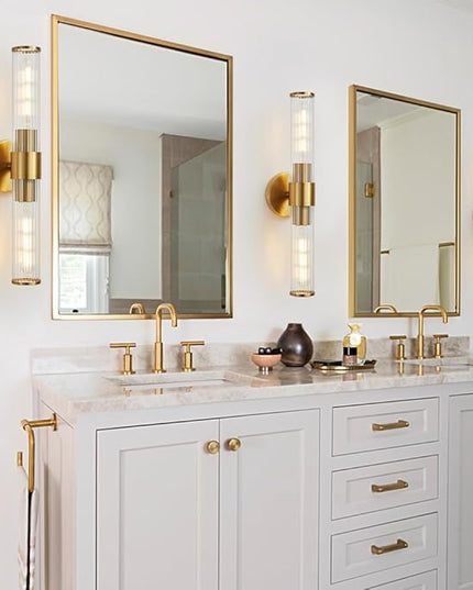 Bathroom Light Fixtures, Gold Wall Sconce in Threaded Glass Indoor Wall Sconces, Modern Bathroom Vanity Light Up and Down Sconces Wall Lighting for Living Room, Hallway - Bulb Not Included