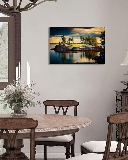chenchenArt Sunset Landscape Golf Course Wall Art Picture Golf Course Wall Decor for Living Room Bedroom Bathroom Home Decorations Canvas Prints Framed Ready to Hang(24''H x 36''W)