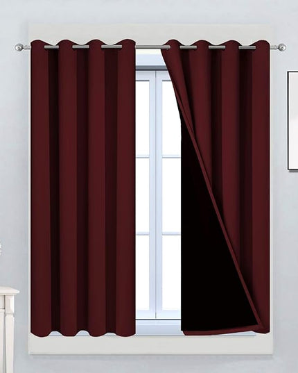 Yakamok 100% Blackout Curtains for Bedroom, Thermal Insulated 2-Layer Lined Blackout Drapes, Full Blackout Curtain Panels for Living Room(Burgundy Red, 2 Panels, 52W x 45L Inch)