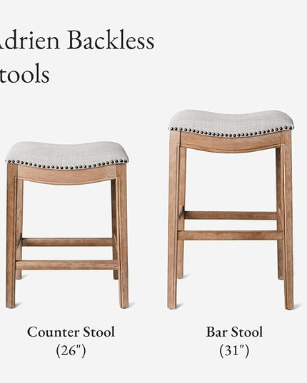 Maven Lane Adrien Backless Bar Stool – Set of 2 – 31 Inch Saddle Seat with Footrest – Brown Solid Wood Frame & Natural Fabric Upholstery – Ideal for Bars, Pub Tables & Tall Kitchen Counters
