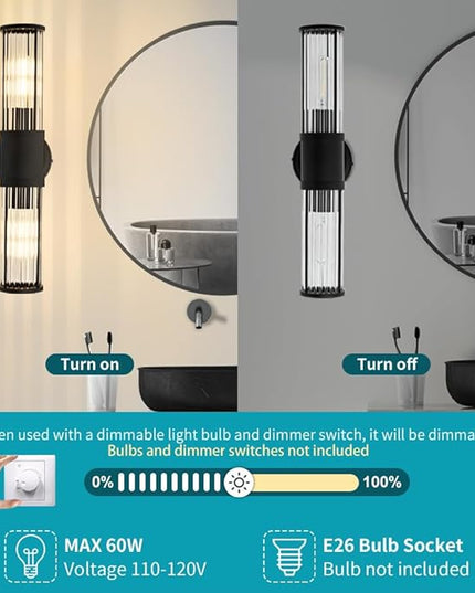 Black Wall Sconce Bathroom Vanity Light Fixtures for Mirror, Modern Wall Light with Glass Rod Shade for Bathroom, Bedroom, Hallway, Living Room - Bulb Not Included
