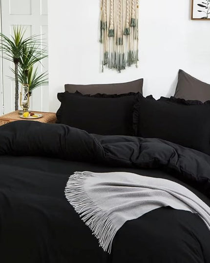 CLOTHKNOW Black Ruffles Comforter Set King Size Farmhouse Bedding Comforter Sets Shabby Chic Comforter Boho Comforter with 2 x Pillowcases