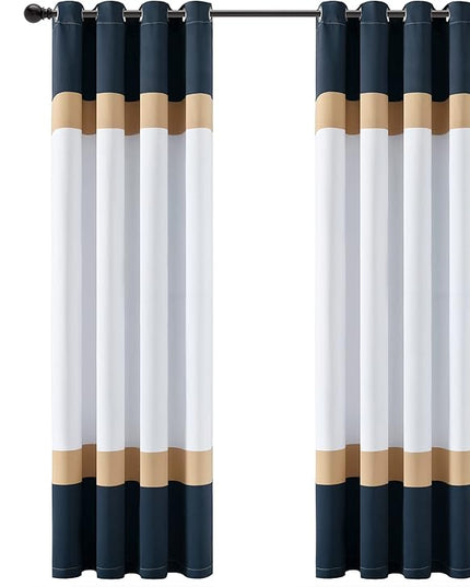 Lush Decor Alexander Color Block Light Filtering Window Curtain Panel Pair, 52"W x 84"L, Navy & Gold