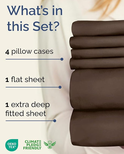 Extra Deep Queen Sheet Set - 6 Piece Breathable and Cooling Sheets - Hotel Luxury Bed Sheets Set - Easy & Secure Fit - Soft, Wrinkle Free and Comfy Sheets Set - Brown Sheet Set with Extra Deep Pockets
