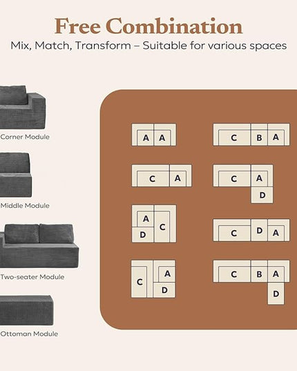136" Modular Sectional Sofa with L-Shape Chaise, Right/Left Facing Deep Seat Cloud Couch, No Assembly Required, Upholstered Couch for Living Room Bedroom (Deep Grey, Plush Corduroy Fabric)