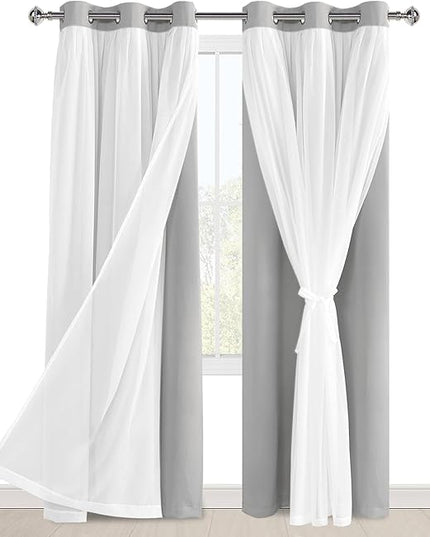 Hiasan Silver Grey Blackout Curtains with Sheer 84 Inches Long, Thermal Insulated Double Layer Room Darkening Curtains for Bedroom, Living Room, 2 Window Drape Panels with Tiebacks, 42W X 84L