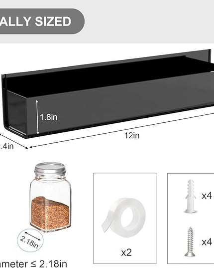 PMMASTO Adhesive Acrylic Spice Rack Organizer for Wall with Nano Double Sided Tape, Spice Shelf Organization for Kitchen Cabinet Door/Pantry Door, Wall Mount Seasoning Rack (Black - 4 Pack)