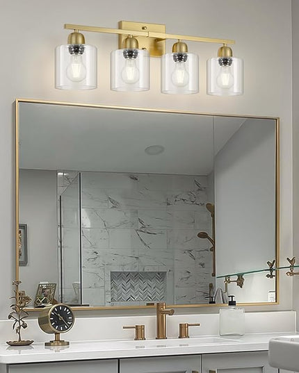 Modern Brushed Gold 4 Light Bathroom Light Fixtures, 24 inch Vanity Lights for Bathroom with Clear Glass, Bathroom Vanity Light for Mirror Kitchen Living Room Hallway Cabinet Porch