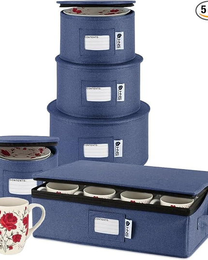 Hard Shell China Storage Containers 5-Piece Set Moving Boxes for Dinnerware, Glasses, Plates, Mugs and Saucers Sturdy Dish Organizer with Dividers for Seasonal Storage - Service for 12 - Denim Blue