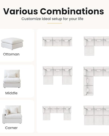Cloud Couch Modular Sectional Sofa,119inch V Shaped Sofa,Down Filled 5 Seater Convertible Living Room Sets,Cover Washable and Replaceable Couches for Living Room,White