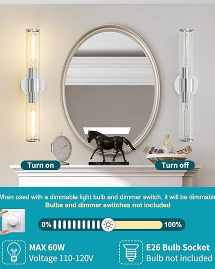 Chrome Wall Sconce, Bathroom Light Fixtures in Clear Glass Indoor Wall Sconces, Modern Sconce Wall Lighting Up and Down Vanity Lights Fixtures for Bathroom,Living Room - Bulb Not Included