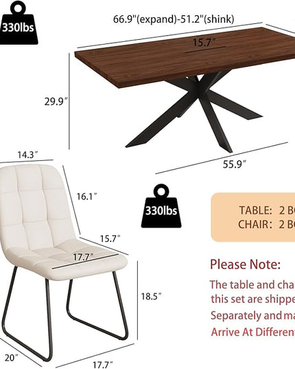 ZckyCine 7-Piece Dining Table Set with 51"-67" Extendable Walnut Wood Table and 6 PU Leather Chairs, Modern Rectangular Kitchen Table Set with Metal Legs, Seats 6, Easy Assembly