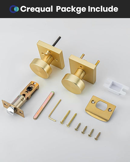 Gold Door Knobs Interior, Heavy Duty Brushed Gold Interior Door Knob, Square Bathroom/Bedroom Door Knob with Lock, Zinc Alloy Indoor DoorKnob (1 Pack)