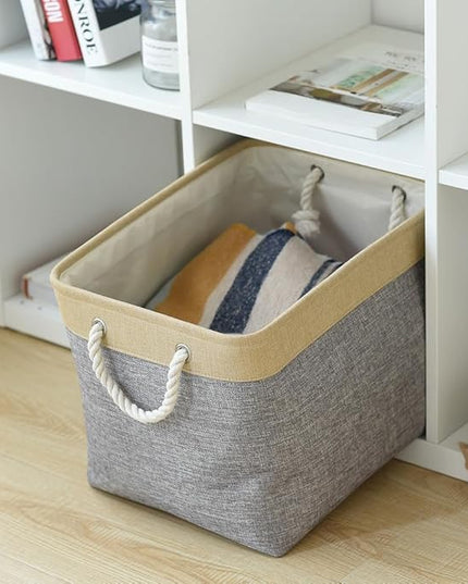TheWarmHome Storage Basket for Organizing - Fabric Large Cubes 3 Pack 16x12x12 inch Baskets, Cube Storage Bin for Shelves Organizer Closet Cloth Gift Toy (Gold & Grey)