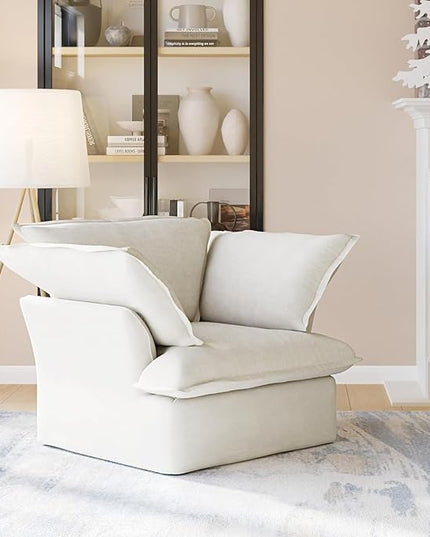 JACH 43" Modern Comfy Couch Chair with Thick Cushion, Couch Single Accent Chair Deep Seat Sofa Couches, Hemp Velvet Sofas Furniture for Small Spaces Living Room Bedroom Office Apartment (White)
