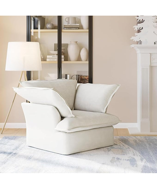 JACH 43" Modern Comfy Couch Chair with Thick Cushion, Couch Single Accent Chair Deep Seat Sofa Couches, Hemp Velvet Sofas Furniture for Small Spaces Living Room Bedroom Office Apartment (White)