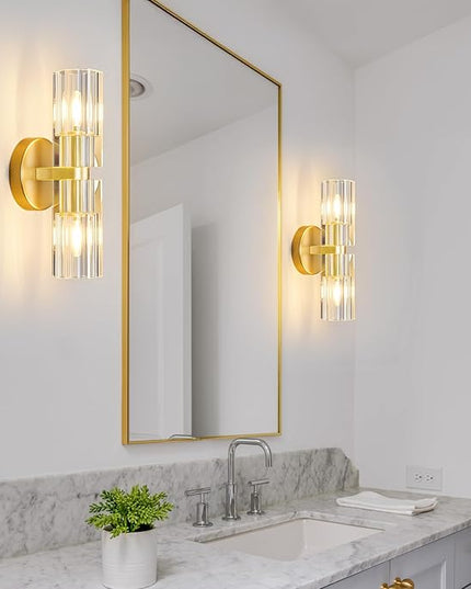 Modern Gold Wall Sconces Set of Two Bedroom Crystal Wall Sconces Indoor Sconces Wall Lighting Living Room Sconces with K9 Crystal Lampshade for Bathroom Hallway Entryway Stairway