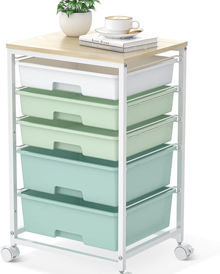 Craft cart,Rolling Cart with Drawers,Storage Cart with 5 Drawers and Wooden Tabletop for Under Desk Organizers and Storage,Green
